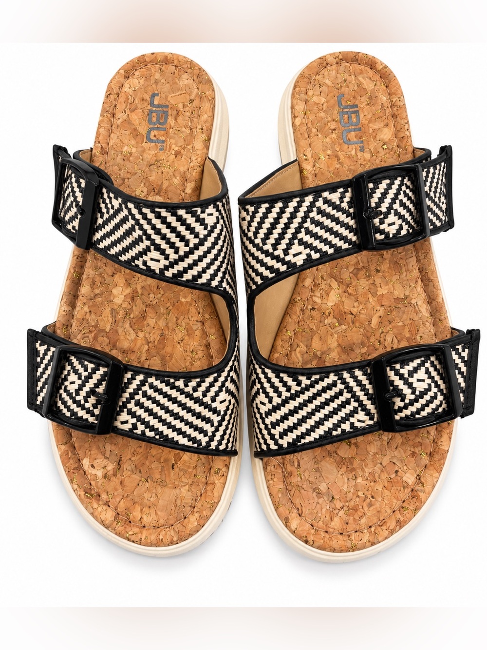 JBU Sandals Size 8M Black & Cream Woven Cork Footbed